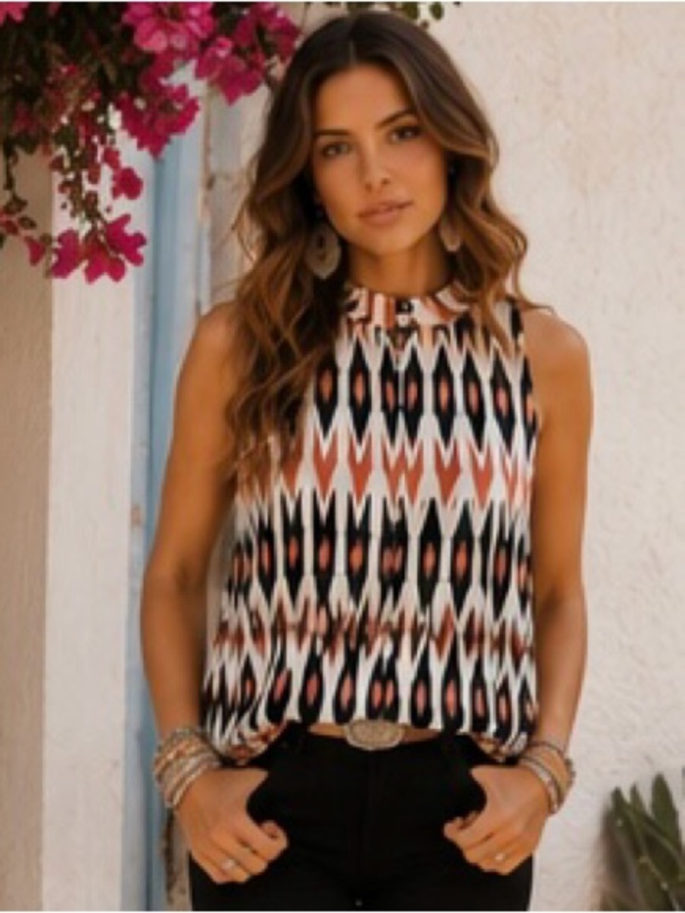 Worthington Geometric Sleeveless Blouse | Black Ivory Coral Mock Neck Chic | L